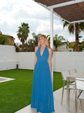 Vestido largo gasa escote pico petróleo