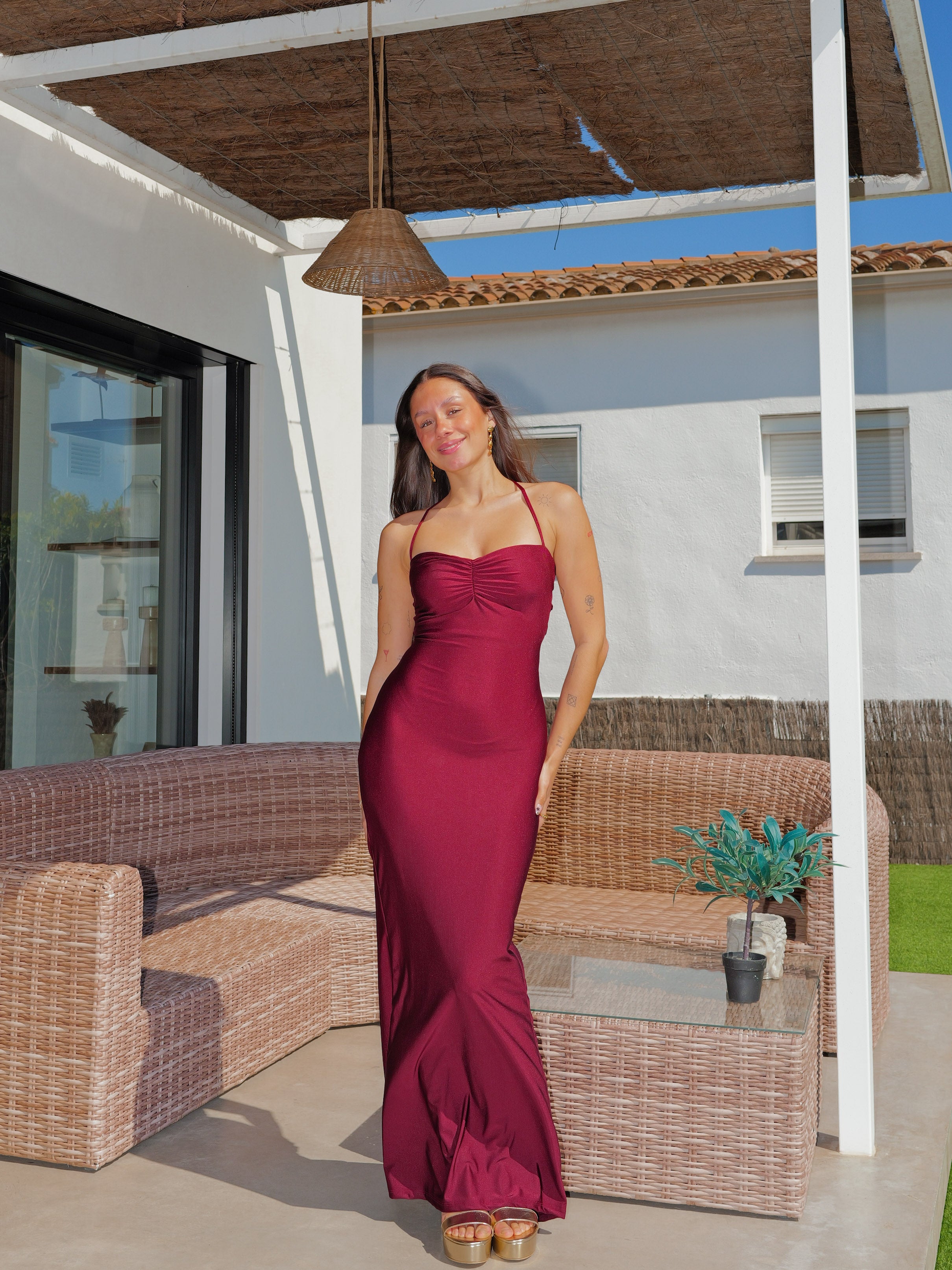 Vestido largo palabra frunce entrelazado burdeos