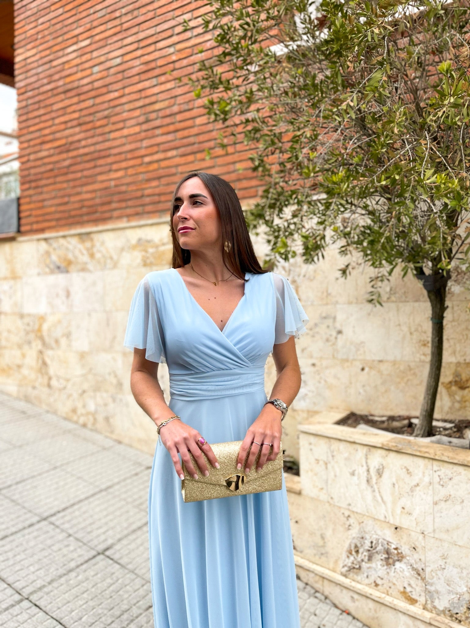 Vestido tulle manga cielo