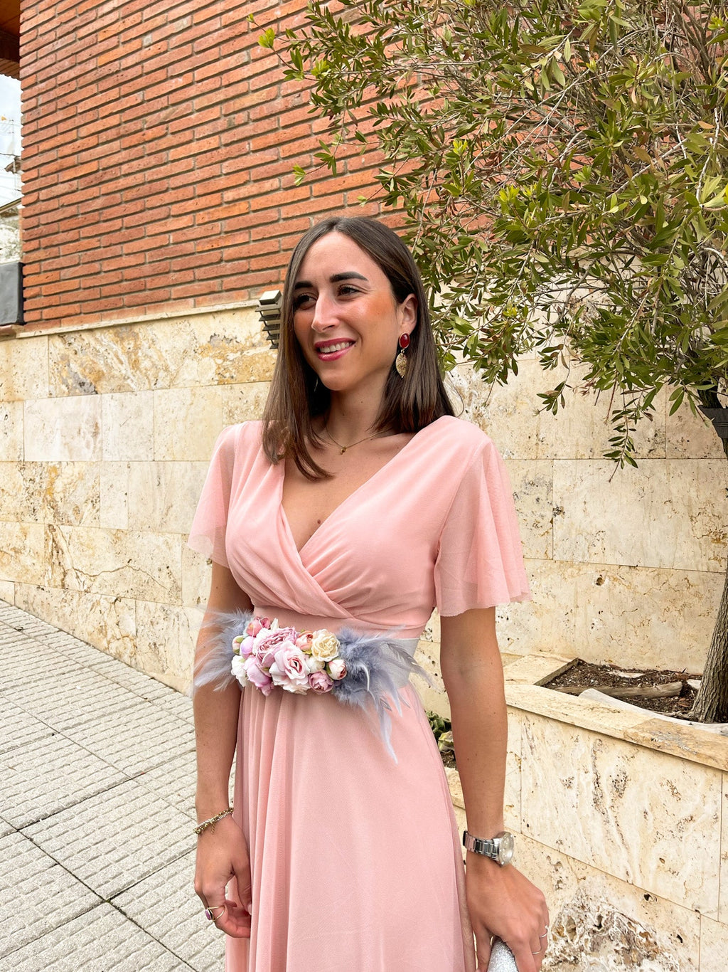 Vestido tulle manga rosa