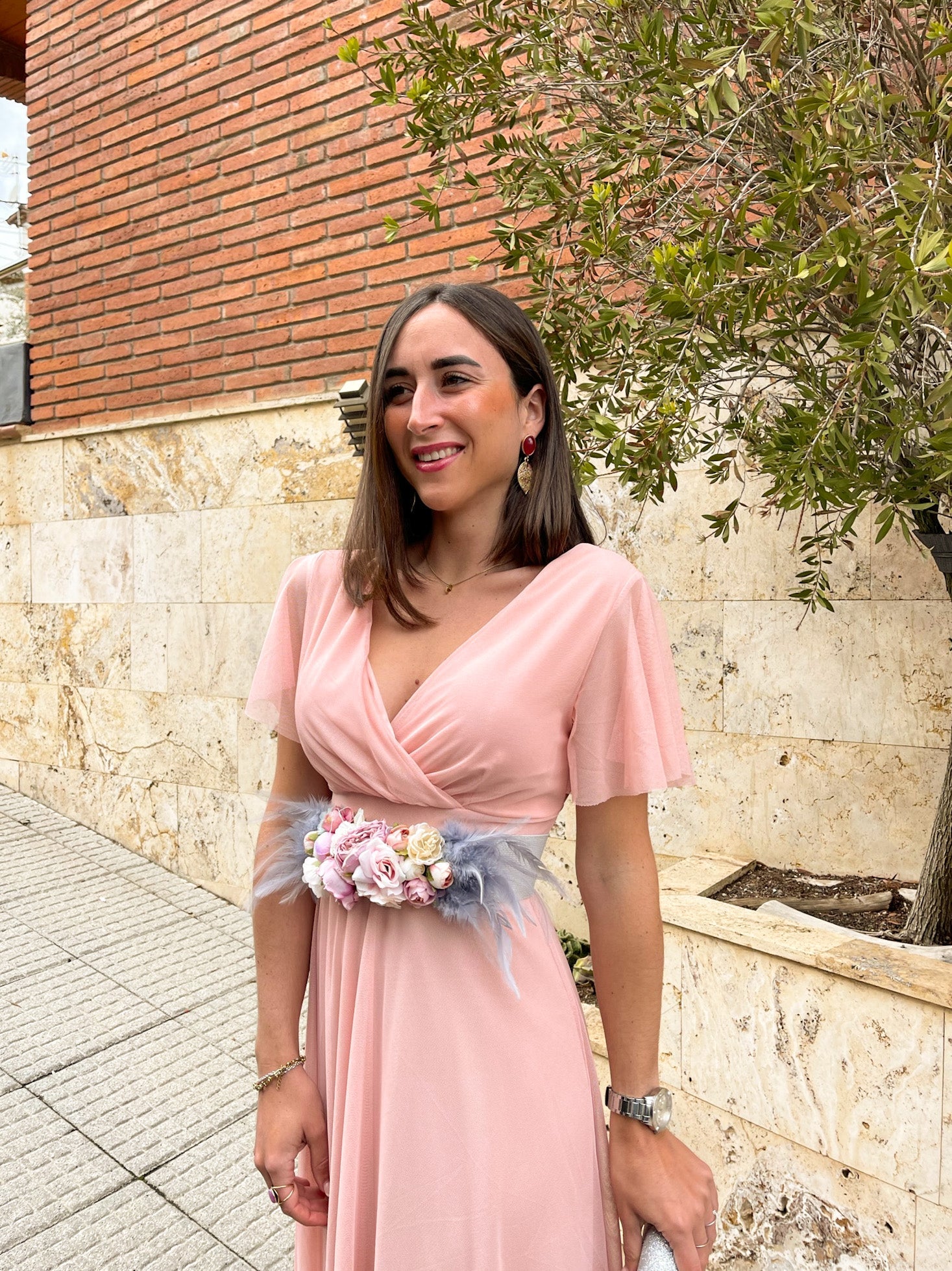 Vestido tulle manga rosa